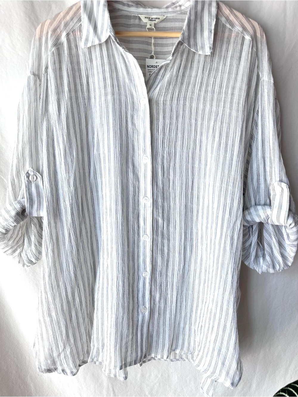 Max Studio Lightweight White & Gray Striped Button-Down Shirt - Picture 2 of 7